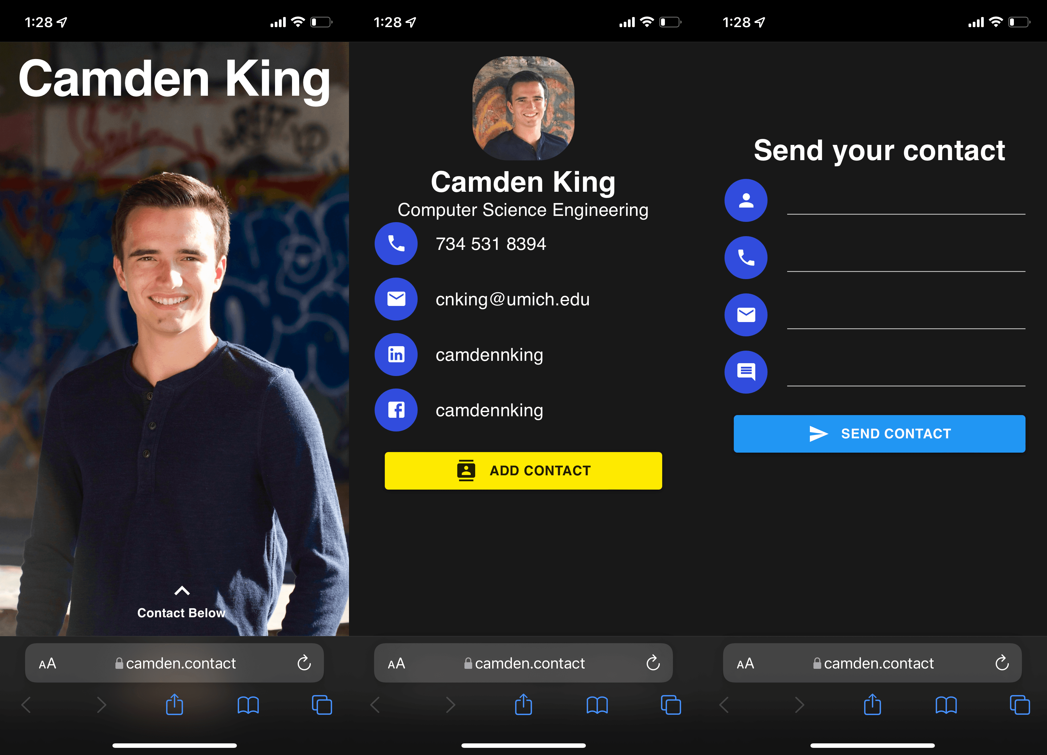 Screen shots of Camden.conact a virtual business card on mobile.